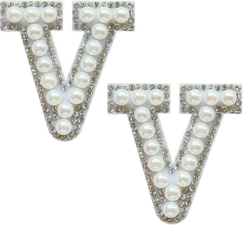SOYCEV 2PCS White Pearl Iron on Letter Patches Rhinestone Letter Patches Sequin Letter Patches Sparkly Letter Patches for Backpacks Clothing (V) - Image 1